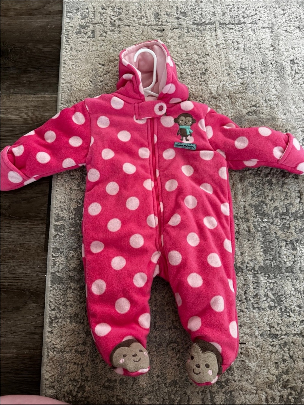 Carter's Pink Polka Dot Fleece Hooded One-Piece with Monkey Feet